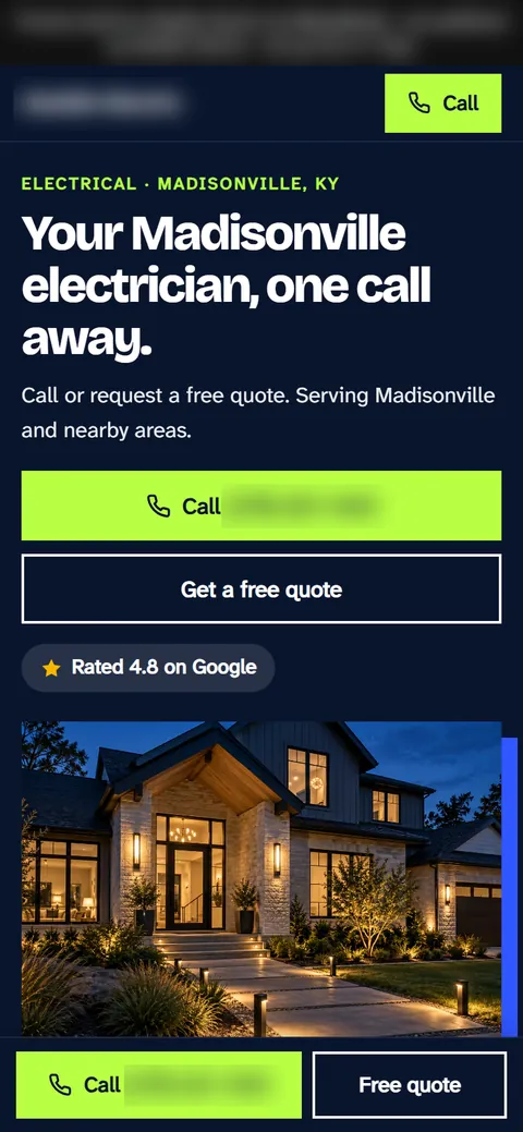 Preview website for an electrical contractor, shown on a phone
