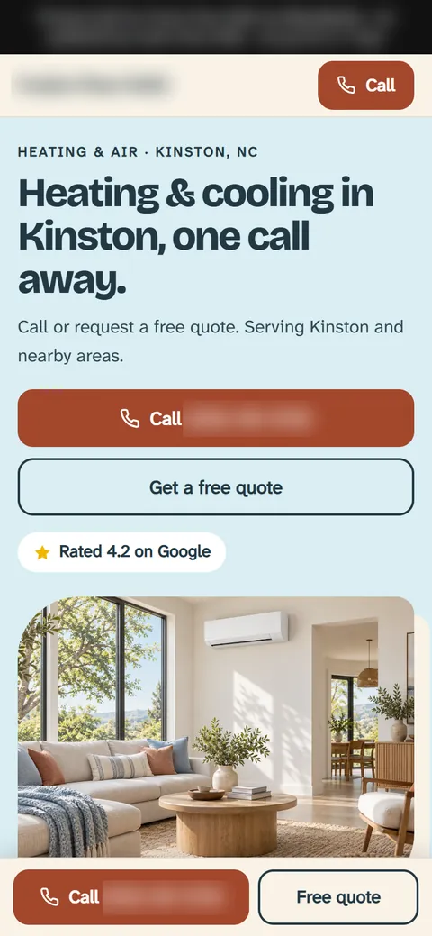 Preview website for an HVAC company, shown on a phone