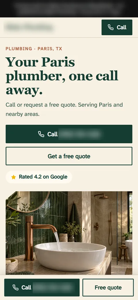 Preview website for a plumbing company, shown on a phone